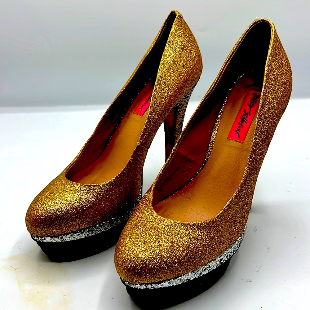 Betsey Johnson high heeled party shoes gold and black color